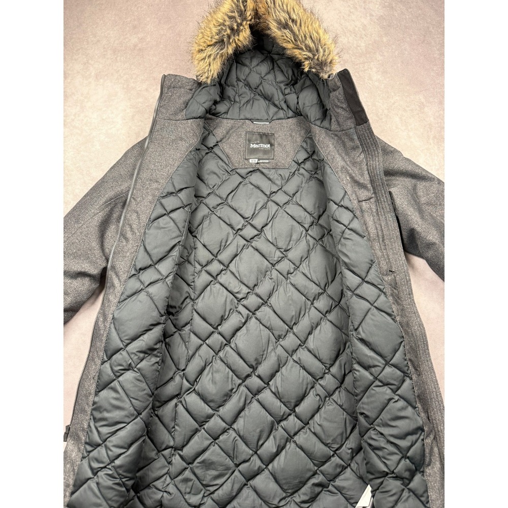 Marmot Chelsea Down Coat Gray Heathered Faux Fur Hood Waterproof Parka Womens M - Picture 2 of 16